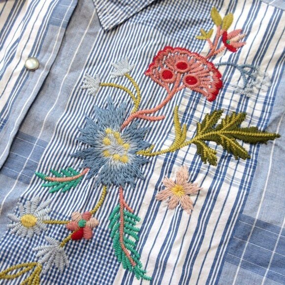 NWT Johnny Was Workshop Zanzibar Shirt in Blue Plaid Embroidered Pearl Snap S - Picture 4 of 8